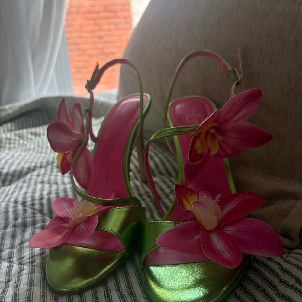 Jessica Simpson Jylia Metallic Green Slingbacks with Pink Floral Accents